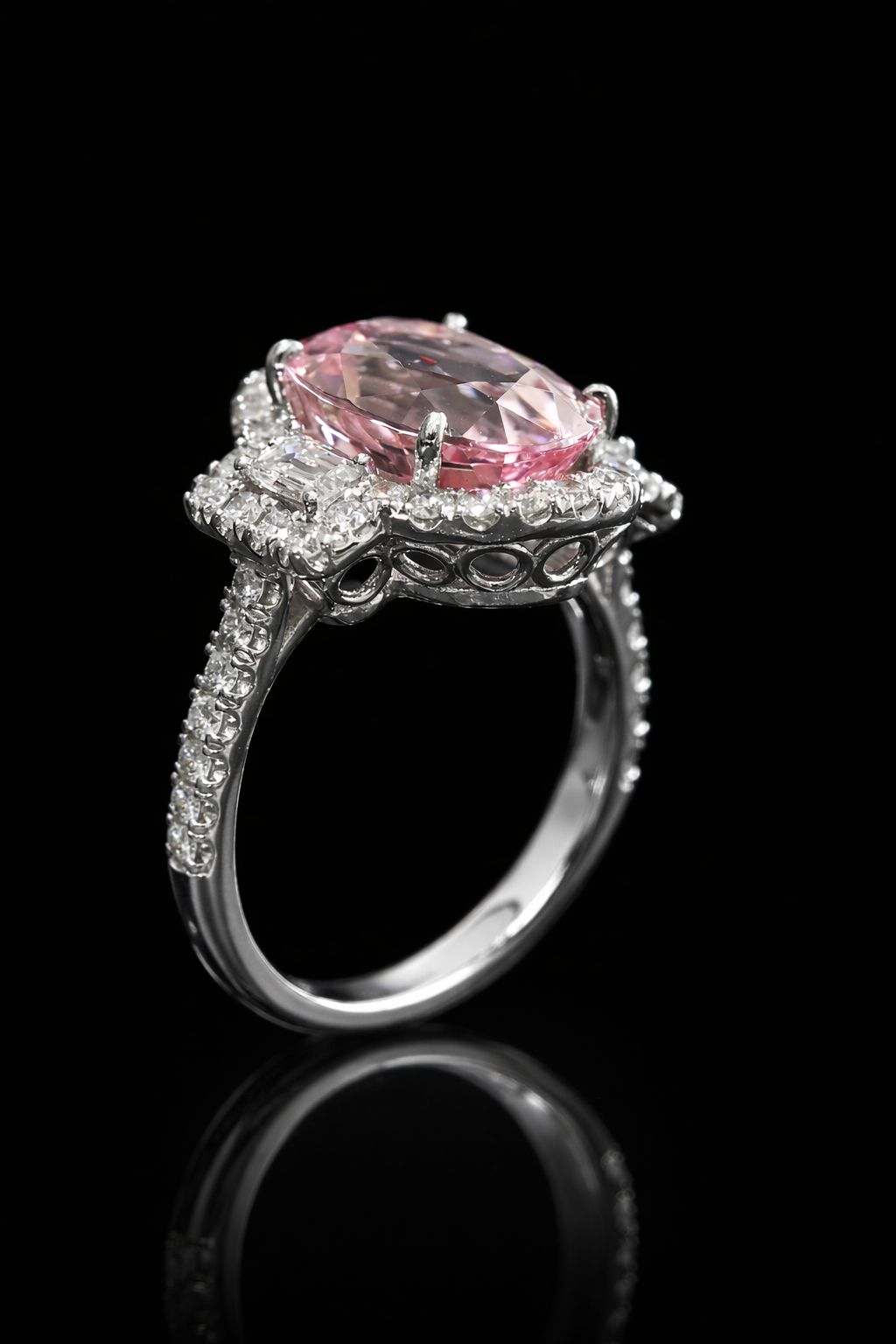 Grand Oval Morganite Halo Ring in White Gold | Baguette Diamond Accents & Classic Scalloped Halo