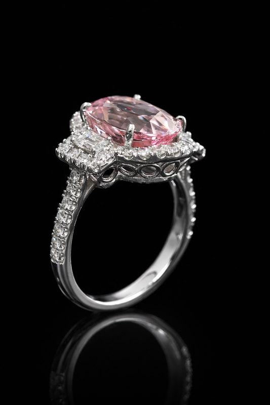 Grand Oval Morganite Halo Ring in White Gold | Baguette Diamond Accents & Classic Scalloped Halo
