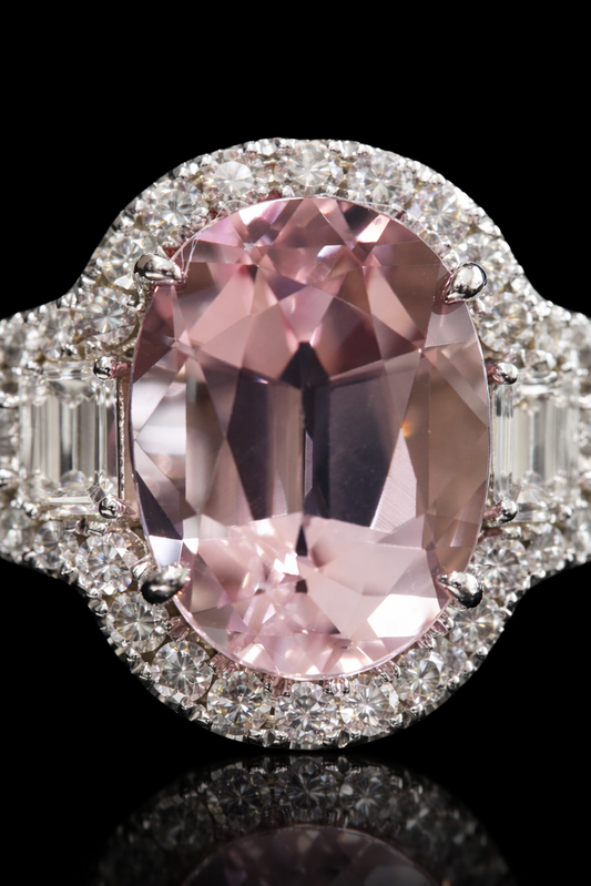 Grand Oval Morganite Halo Ring in White Gold | Baguette Diamond Accents & Classic Scalloped Halo
