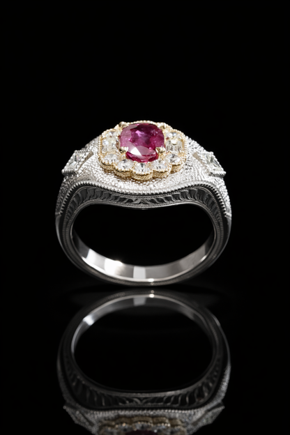 Regal Oval Ruby Pavé Dome Ring in White Gold | Scalloped Halo & Diamond-Set Shoulders