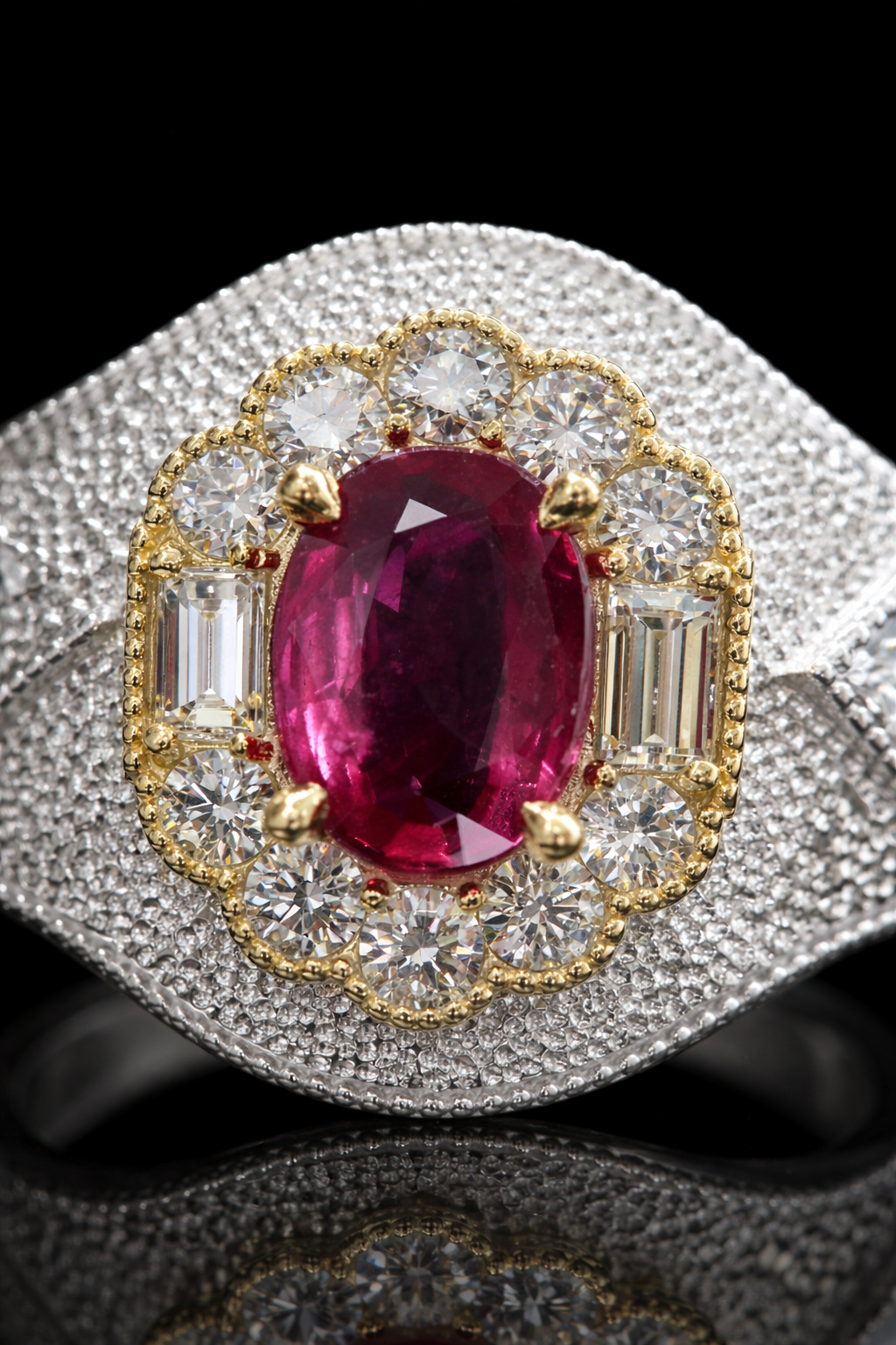 Regal Oval Ruby Pavé Dome Ring in White Gold | Scalloped Halo & Diamond-Set Shoulders