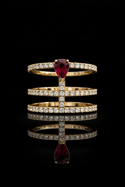 Radiant Ruby Pear Cross-Bar Ring in Yellow Gold | Triple Diamond Band Statement Design