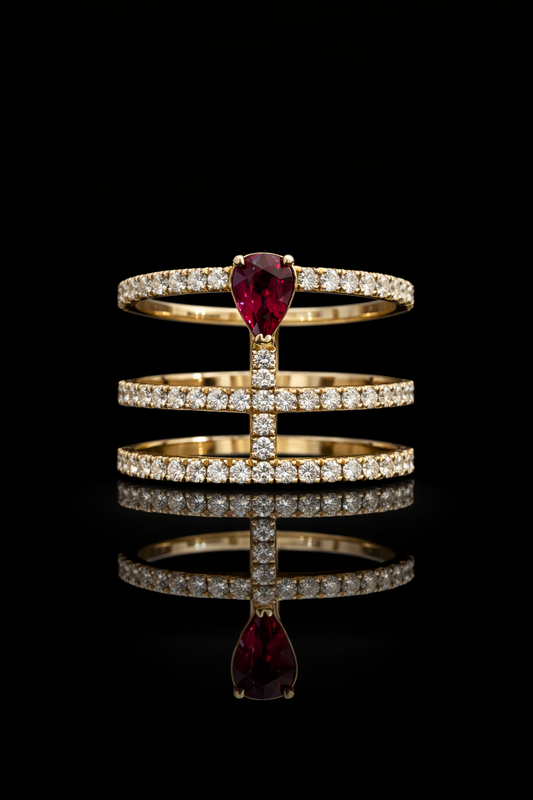 Radiant Ruby Pear Cross-Bar Ring in Yellow Gold | Triple Diamond Band Statement Design