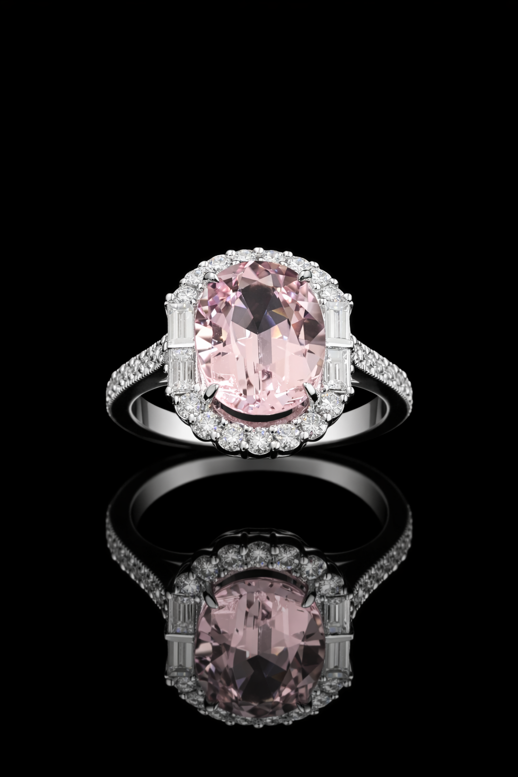 Imperial Oval Morganite Ring in White Gold | Diamond Halo & Baguette Diamond Shoulders