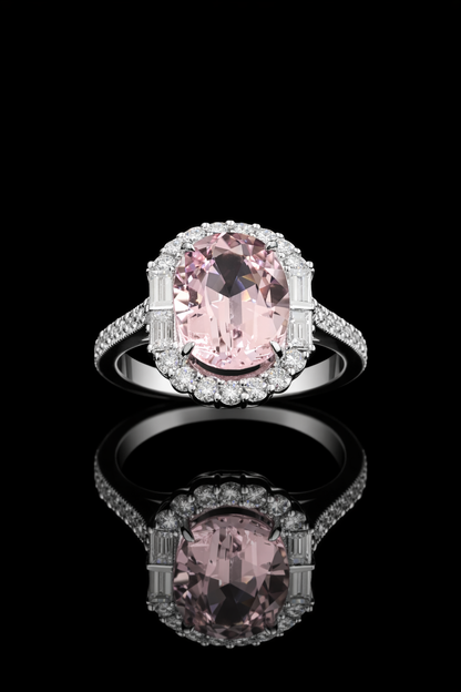 Imperial Oval Morganite Ring in White Gold | Diamond Halo & Baguette Diamond Shoulders