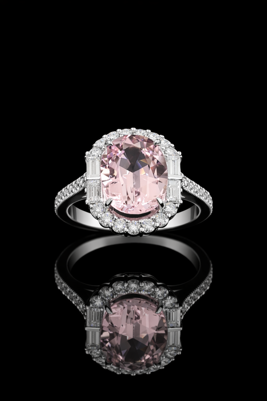 Imperial Oval Morganite Ring in White Gold | Diamond Halo & Baguette Diamond Shoulders