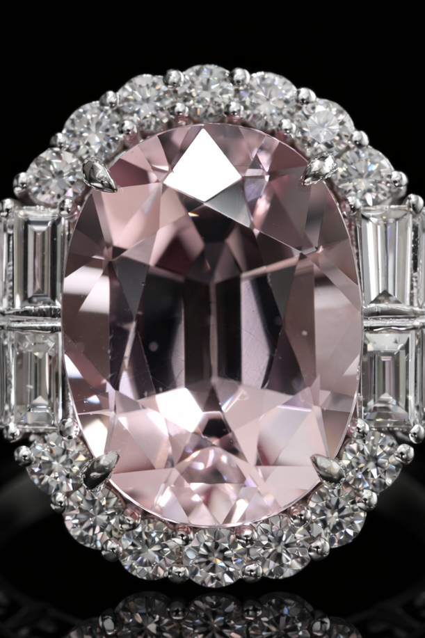 Imperial Oval Morganite Ring in White Gold | Diamond Halo & Baguette Diamond Shoulders