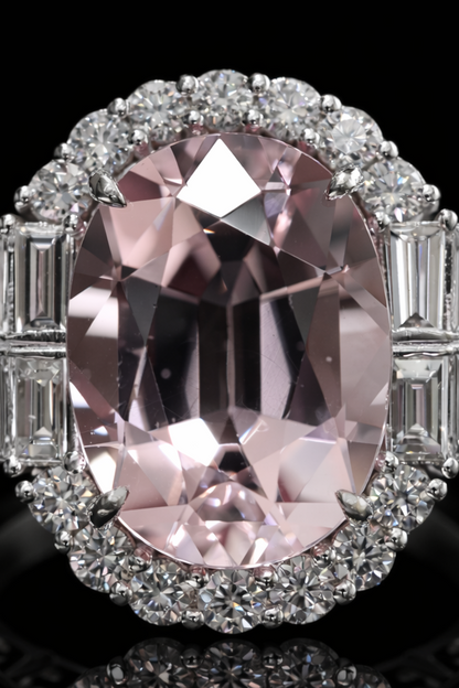 Imperial Oval Morganite Ring in White Gold | Diamond Halo & Baguette Diamond Shoulders