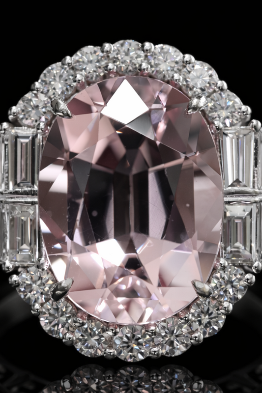 Imperial Oval Morganite Ring in White Gold | Diamond Halo & Baguette Diamond Shoulders