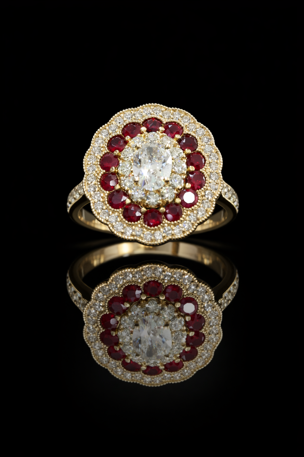 Regal Ruby & Diamond Rosette Ring in Yellow Gold | Vintage Floral Halo with Oval Diamond Center