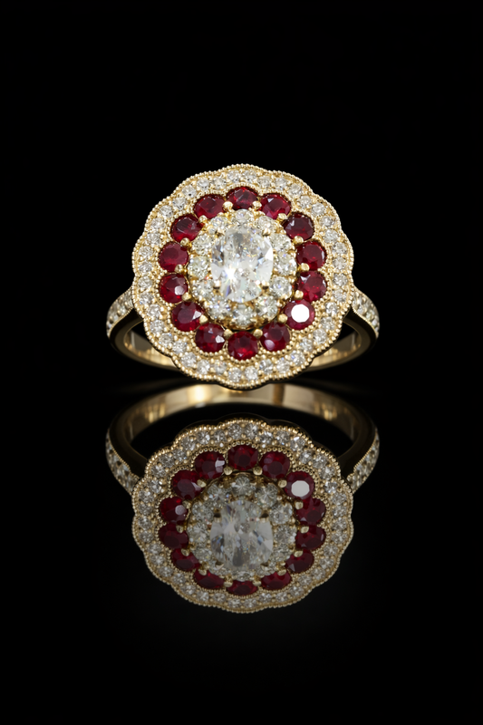 Regal Ruby & Diamond Rosette Ring in Yellow Gold | Vintage Floral Halo with Oval Diamond Center