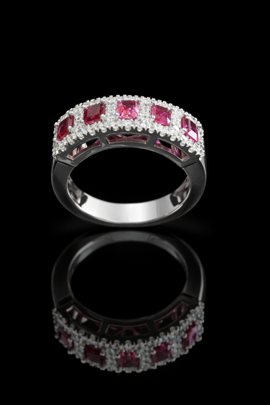 Crimson Gallery Ruby Eternity Band in White Gold | Emerald-Cut Rubies with Diamond Halo Rows