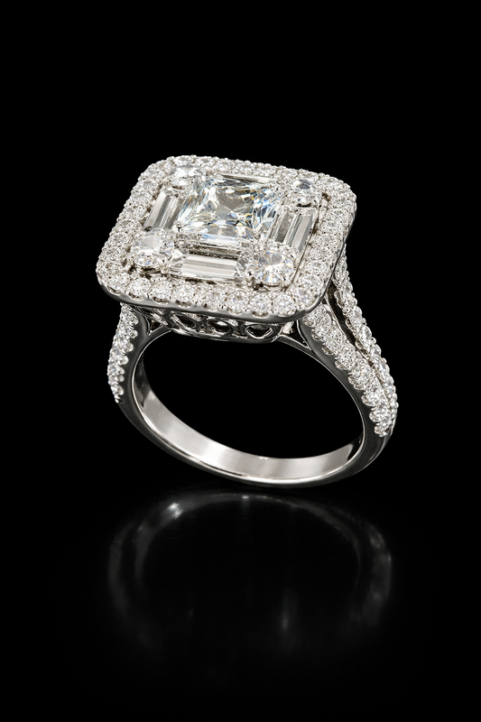 Emerald-Cut Diamond Halo Engagement Ring in White Gold | Double Halo Pavé Statement Design
