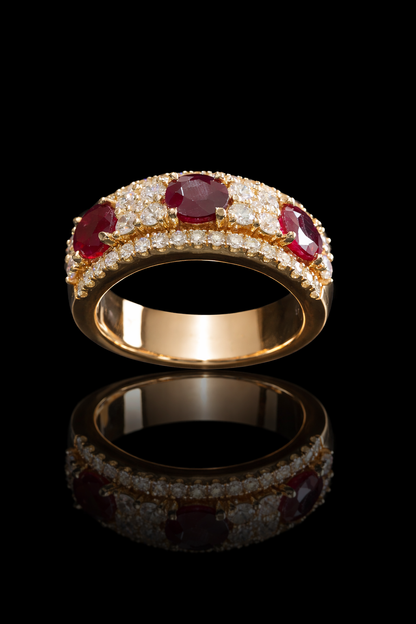 Regal Oval Ruby Diamond Band in Yellow Gold | Triple-Stone Ruby Row with Diamond Pave