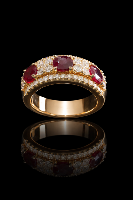 Regal Oval Ruby Diamond Band in Yellow Gold | Triple-Stone Ruby Row with Diamond Pave
