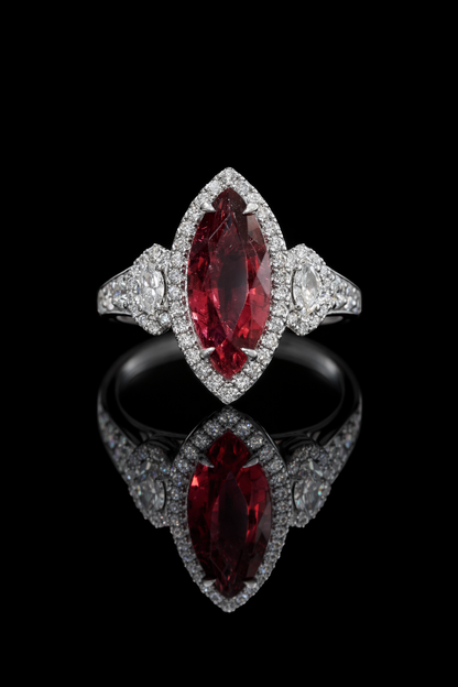 Imperial Marquise Rubellite Ring in White Gold | Diamond Halo & Accent Shoulders