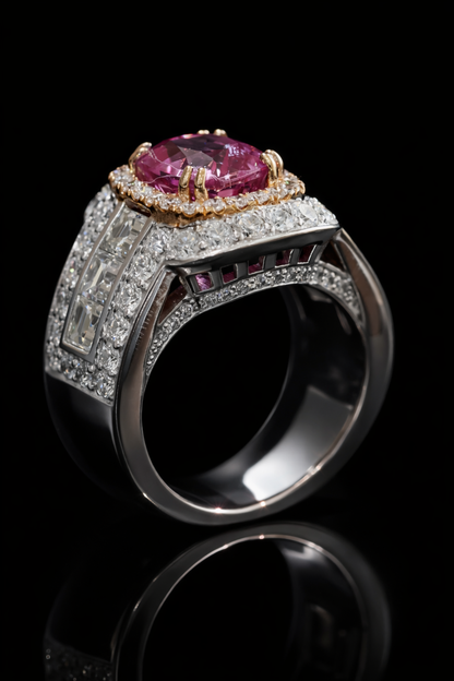 Imperial Cushion Pink Sapphire Ring in White Gold | Double Halo & Emerald-Cut Diamond Shoulders