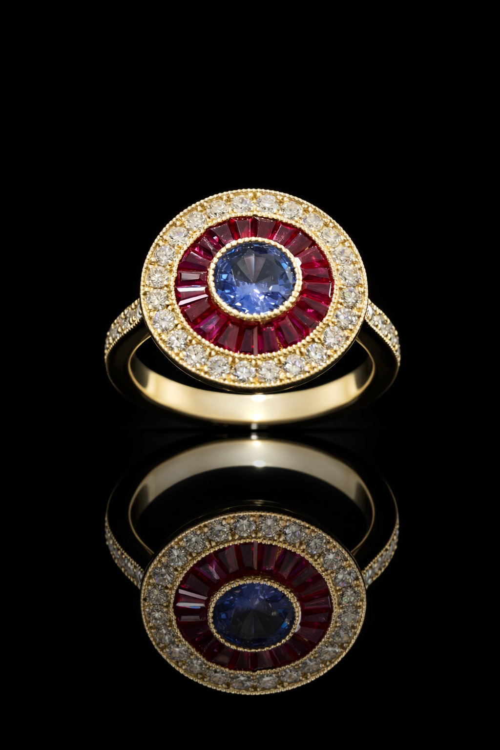 Imperial Sapphire & Ruby Sunburst Halo Ring in Yellow Gold | Diamond-Accented Vintage Medallion Design
