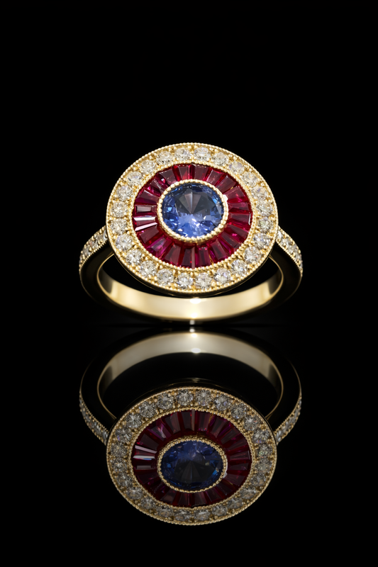 Imperial Sapphire & Ruby Sunburst Halo Ring in Yellow Gold | Diamond-Accented Vintage Medallion Design