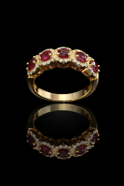 Classic Ruby Diamond Halo Band in Yellow Gold | Oval Ruby Cluster Ring with Diamond Accents