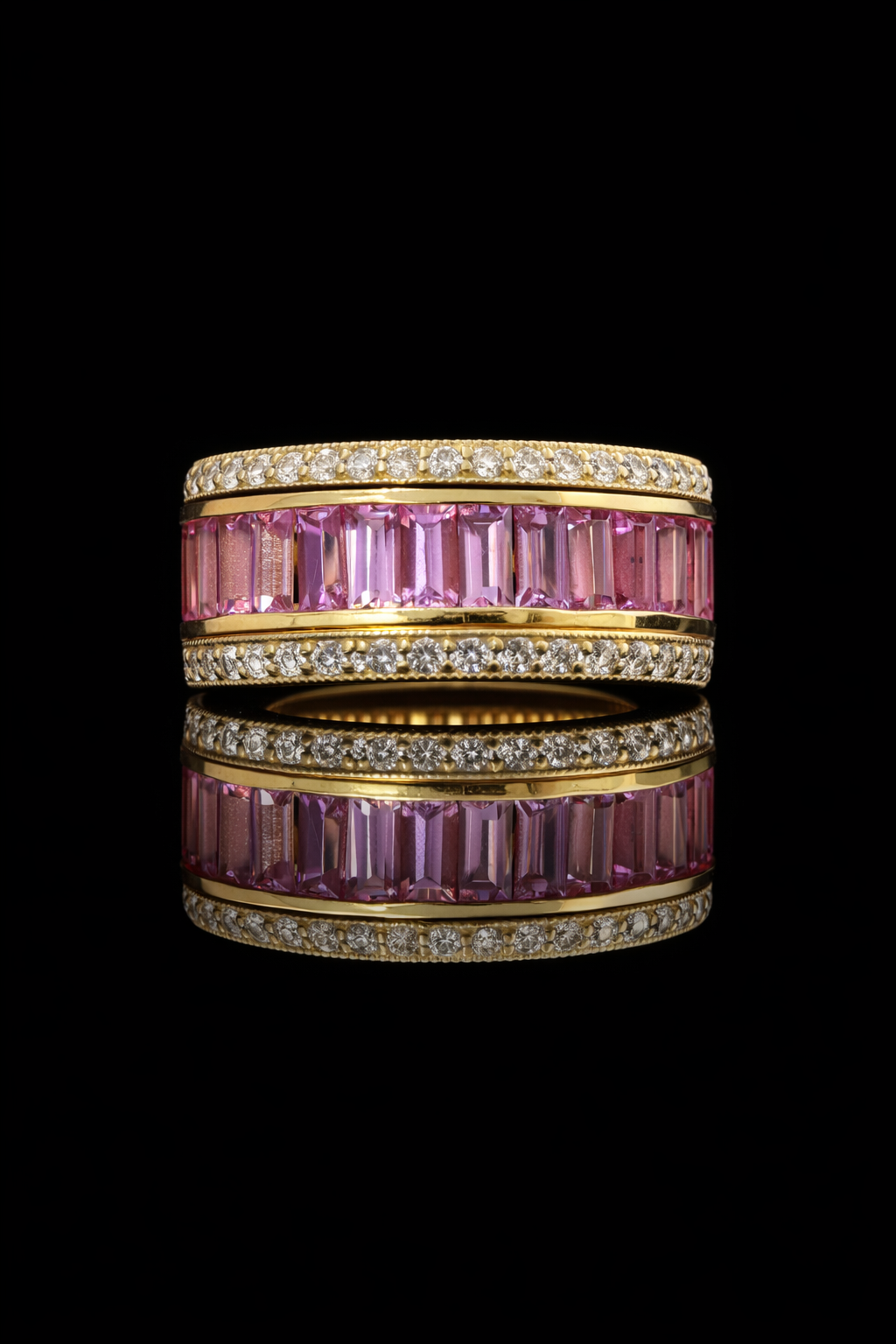 Pink Sapphire Baguette Eternity Band in White Gold | Diamond-Framed Channel Design