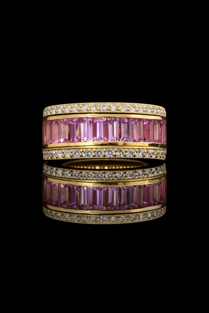 Pink Sapphire Baguette Eternity Band in White Gold | Diamond-Framed Channel Design