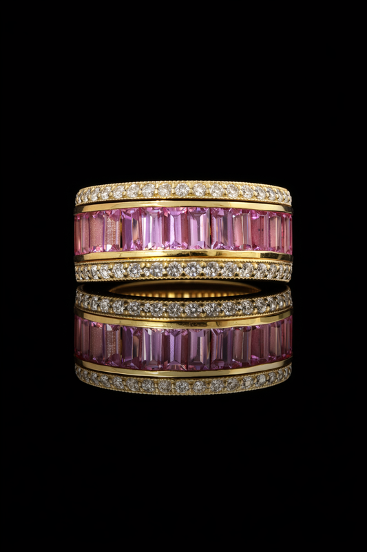 Pink Sapphire Baguette Eternity Band in White Gold | Diamond-Framed Channel Design