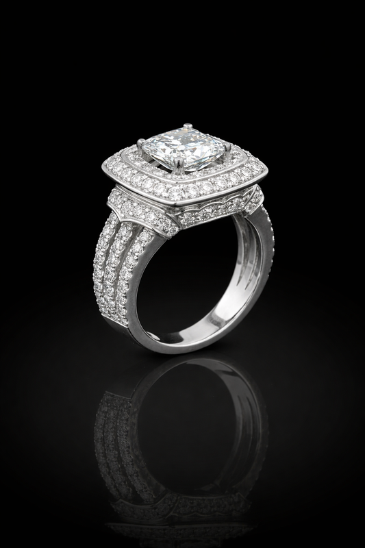 Natural Diamond Emerald-Cut Double Halo Engagement Ring in White Gold | Pave Luxury Design