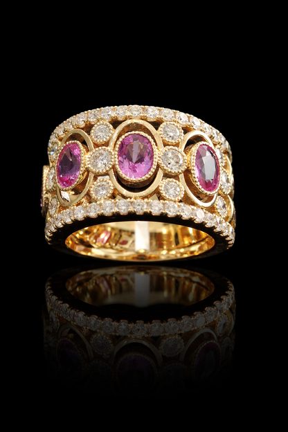 Imperial Pink Sapphire Mosaic Band in Yellow Gold | Multi-Oval Gemstone Diamond Ring