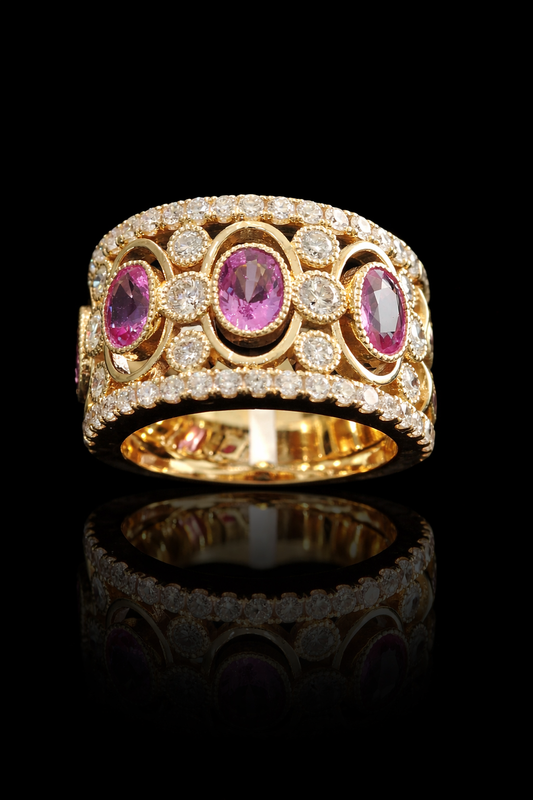 Imperial Pink Sapphire Mosaic Band in Yellow Gold | Multi-Oval Gemstone Diamond Ring