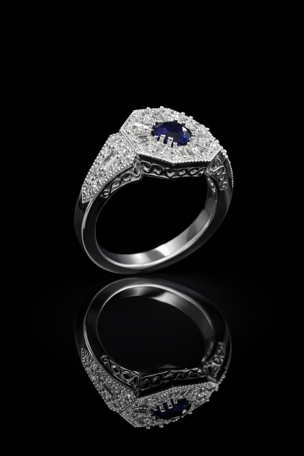 Midnight Hexagon Sapphire Ring in White Gold | Art Deco Baguette Diamond Halo
