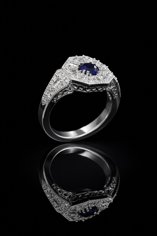 Midnight Hexagon Sapphire Ring in White Gold | Art Deco Baguette Diamond Halo