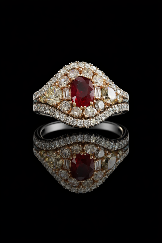 Royal Teardrop Ruby Halo Ring in White Gold | Vintage-Inspired Diamond Cluster Design