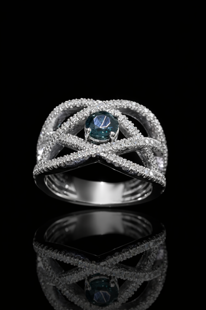 Sapphire & Diamond Crisscross Ring in White Gold | .55 CT Sapphire + .80 CTW Diamonds