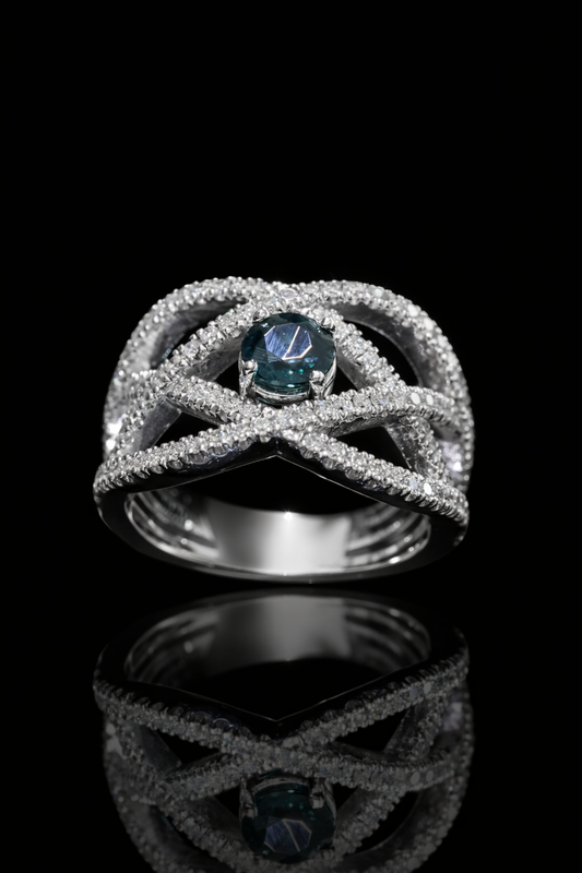 Sapphire & Diamond Crisscross Ring in White Gold | .55 CT Sapphire + .80 CTW Diamonds