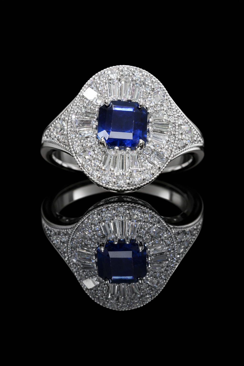 Sapphire & Diamond Halo Ring in White Gold | 1.25 CT Sapphire + 1.12 CTW Diamonds