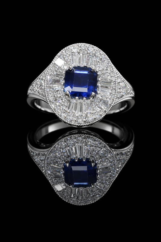 Sapphire & Diamond Halo Ring in White Gold | 1.25 CT Sapphire + 1.12 CTW Diamonds