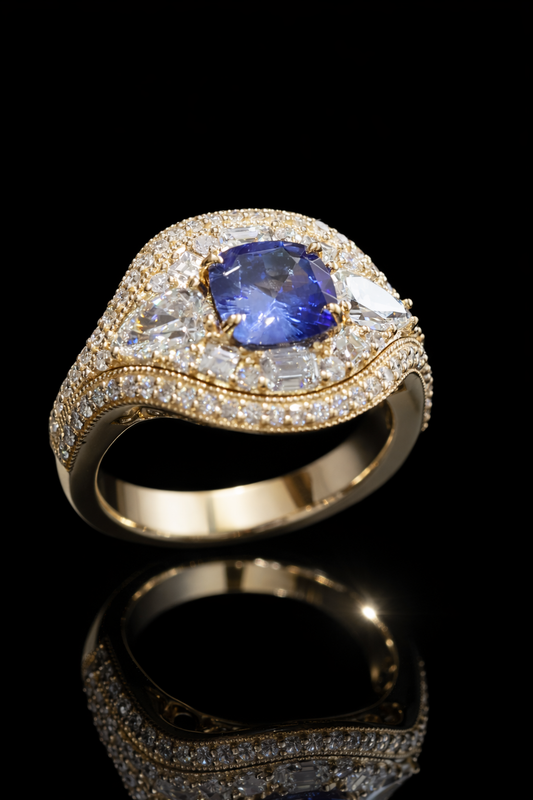 Sapphire & Diamond Halo Ring in Yellow Gold | .95 CT Sapphire + 1.47 CTW Diamonds