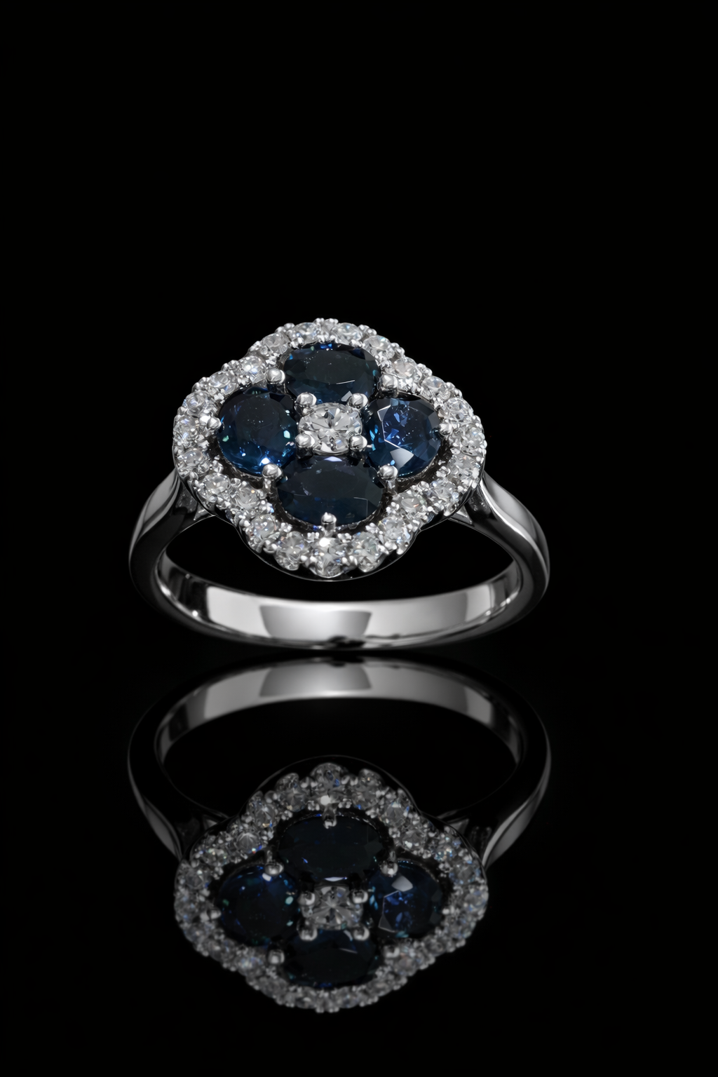 Sapphire & Diamond Cluster Halo Ring in White Gold | 2.90 CT Sapphire + .45 CTW Diamonds