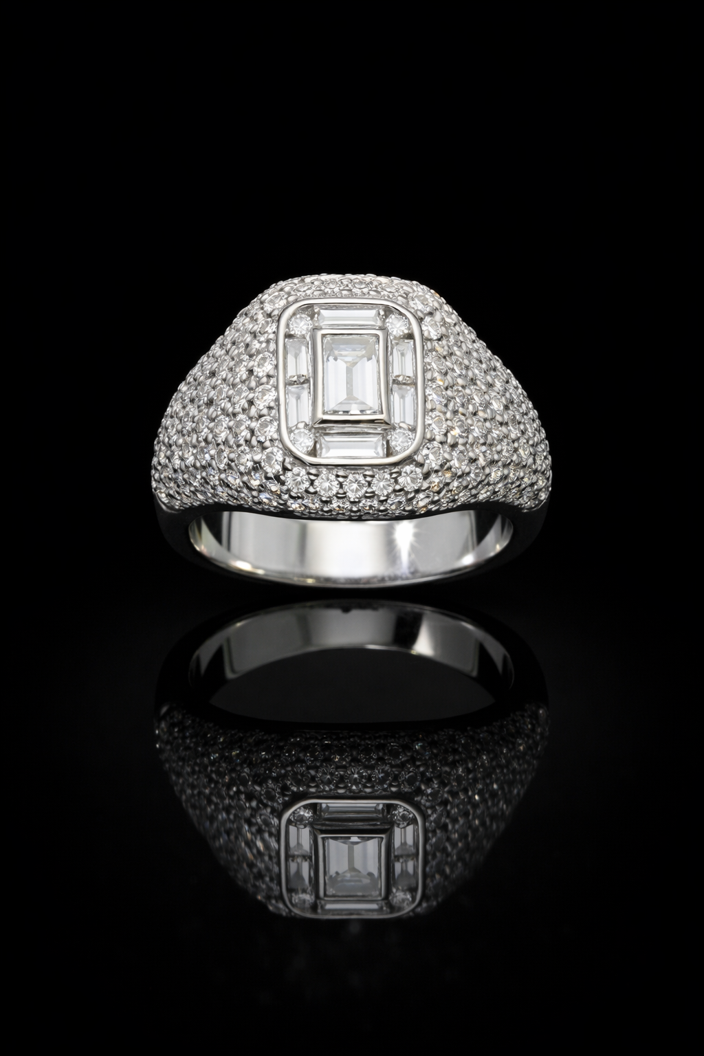 Emerald-Cut Diamond Pavé Halo Engagement Ring in White Gold | Bold Luxury Statement Design