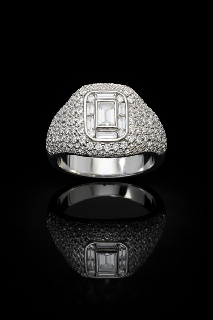 Emerald-Cut Diamond Pavé Halo Engagement Ring in White Gold | Bold Luxury Statement Design