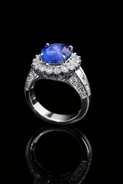 Sapphire & Diamond Halo Ring in Platinum | 4.36 CT Sapphire + 1.90 CTW Diamonds