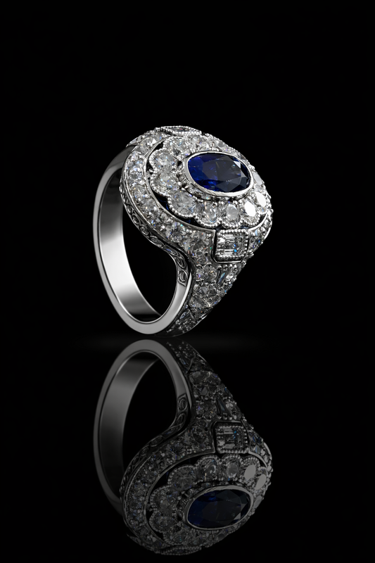 Sapphire & Diamond Halo Ring in White Gold | 1.32 CT Sapphire + 2.41 CTW Diamonds