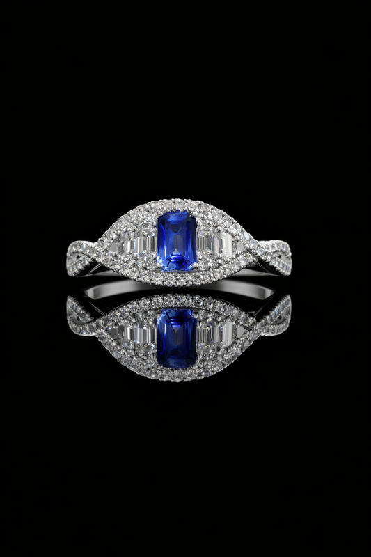 Sapphire & Diamond Halo Ring in White Gold | .60 CT Sapphire + .85 CTW Diamonds