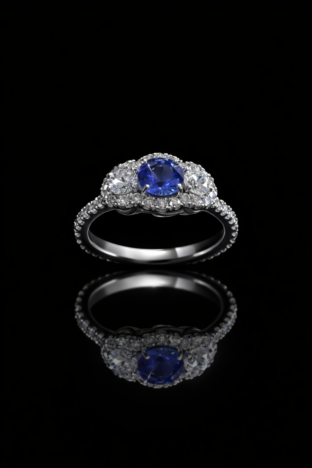 Sapphire & Diamond Halo Ring in White Gold | .92 CT Sapphire + .89 CTW Diamonds
