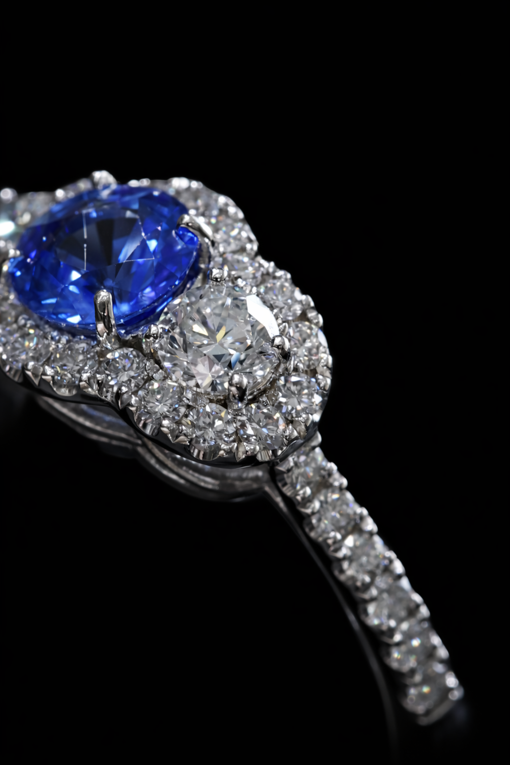 Sapphire & Diamond Halo Ring in White Gold | .92 CT Sapphire + .89 CTW Diamonds