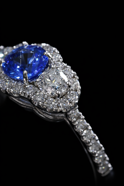Sapphire & Diamond Halo Ring in White Gold | .92 CT Sapphire + .89 CTW Diamonds
