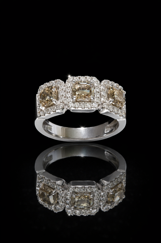 Natural Brown Diamond Three-Stone Halo Engagement Ring in White Gold | Vintage-Inspired Luxury Design