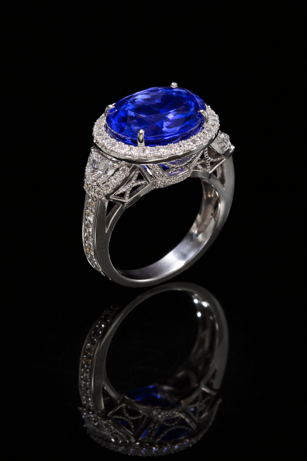 Natural Tanzanite Halo Engagement Ring in 18K White Gold | Luxury Statement Design