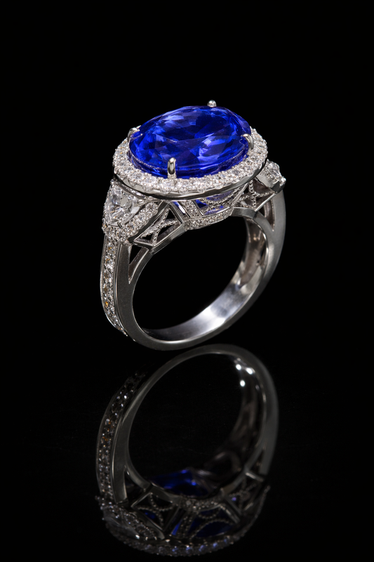 Natural Tanzanite Halo Engagement Ring in 18K White Gold | Luxury Statement Design